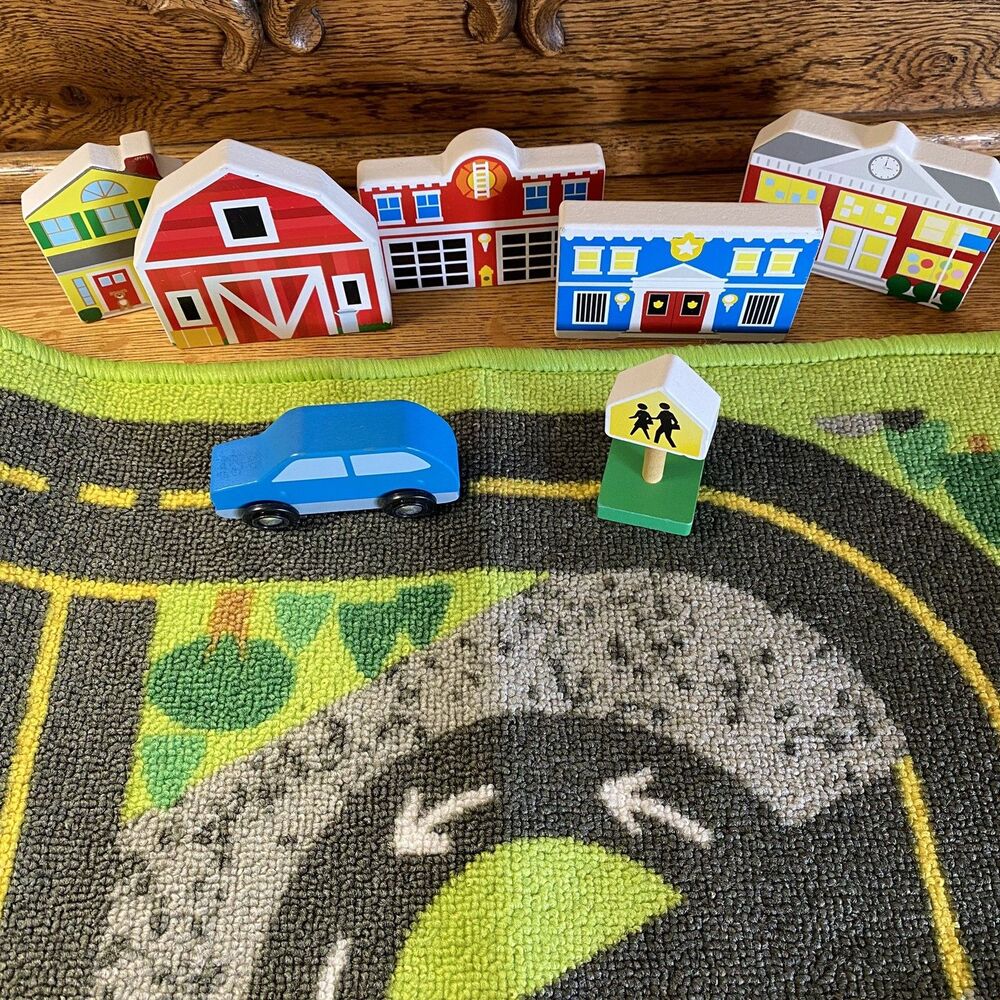 Melissa & Doug Create A Town Activity Rug Play Set 7 Wood Pieces